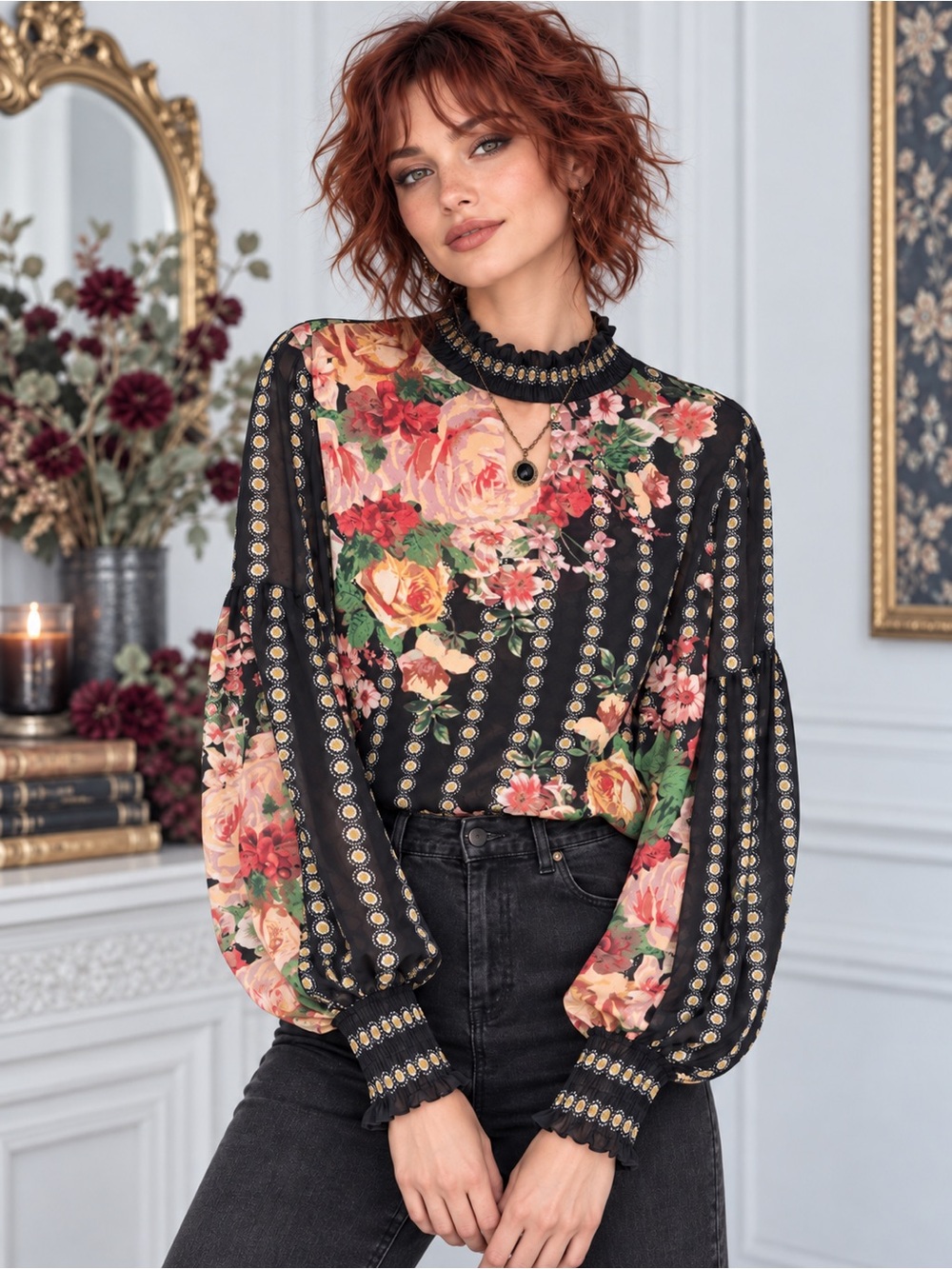 Floral Smocked Blouse Black Rose Print Ruffle Neck Romantic Whimsigoth L
